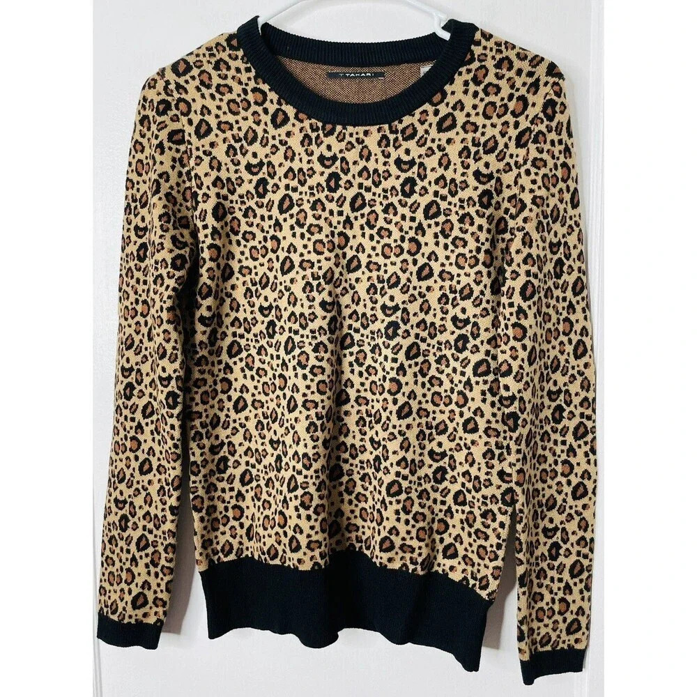 Tahari Knit Sweater Womens Sz XS Leopard Print Brown Long Sleeve Stretch